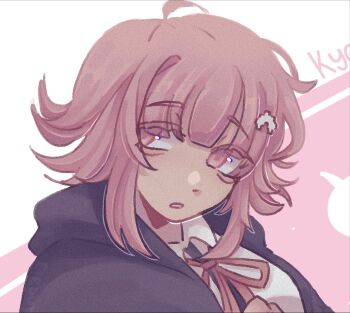 1girl black_jacket commentary danganronpa_(series) danganronpa_2:_goodbye_despair english_commentary eyelashes hair_ornament hood hood_down hooded_jacket jacket kyana313 nanami_chiaki neck_ribbon open_clothes open_jacket open_mouth pink_eyes pink_hair pink_ribbon portrait ribbon short_hair sidelocks solo