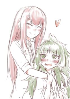 1girl 2girls blunt_bangs blush commentary_request green_hair heart height_difference hiyajou_maho holding_another's_wrist hug hug_from_behind long_hair long_sleeves makise_kuris messy_hair multiple_girls no_jacket open_:mouth sadarann science_adventure shirt solo steins;gate steins;gate_0 surprised thick_eyebrows very_long_hair yuri