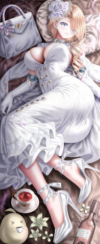 1girl absurdres azur_lane bag bed blonde_hair bottle breasts cleavage coat coat_on_shoulders cup dress earrings elbow_gloves flower full_body gloves hat heart heart-shaped_pillow high_heels highres hood_(azur_lane) hood_(dawnlight's_dame)_(azur_lane) jewelry large_breasts looking_at_viewer lying official_alternate_costume open_clothes open_coat pillow pumps rose saucer shoes smile solo stiletto_heels tea teacup tina_(tinafya) white_bag white_coat white_dress white_flower white_gloves white_shoes wine_bottle