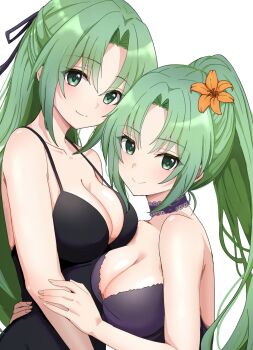 2024 2girls \||/ bare_arms black_dress black_ribbon breast_press breasts choker cleavage collarbone dot_nose dress flower green_eyes green_hair hair_flower hair_ornament hair_ribbon half_updo hand_on_another's_arm hand_on_another's_waist highres higurashi_no_naku_koro_ni hug lace lace_choker large_breasts lily_(flower) long_bangs long_hair looking_at_viewer multiple_girls official_alternate_costume orange_flower parted_bangs ponytail purple_choker purple_dress ribbon shiny_skin siblings sidelocks simple_background sisters sleeveless sleeveless_dress smile sonozaki_mion sonozaki_shion strap symmetrical_docking twins white_background yuno_ff