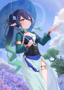1girl alternate_costume alternate_hairstyle aqua_dress black_corset blue_hair blue_sky blue_umbrella breasts bright_pupils cleavage cloud corset dress drill_hair drill_sidelocks flower genshin_impact gradient_hair green_hair green_shrug highres holding holding_umbrella jewelry layla_(genshin_impact) long_sleeves medium_breasts multicolored_hair neck_ring pointy_ears ponytail purple_flower rain rainbow shrug_(clothing) side_slit sidelocks sky solo thighlet tree umbrella white_pupils yellow_eyes yukineco_0928