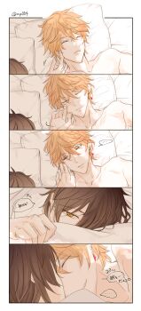 Rule 34 | ..., 004s 4, 2boys, caressing cheek, comic, genshin impact, highres, image sample, japanese text, multiple boys, on bed, pixiv, pixiv sample, speech bubble, tartaglia (genshin impact), yaoi, zhongli (genshin impact)