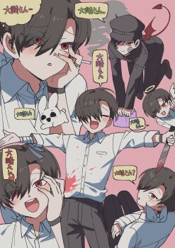 1boy :d absurdres ariake_(ooe) arm_sling bandaged_arm bandages black_hair black_pants black_shirt blood blood_on_clothes bloody_knife blush bracelet broken_arm cigarette closed_eyes cowboy_shot curtained_hair demon_tail demon_wings fkqlckstm11 gakuran gauze gauze_on_cheek hair_over_one_eye halo hand_on_own_face hashtag-only_commentary highres holding holding_cigarette holding_knife jewelry kneeling knife long_sleeves looking_at_viewer male_focus multiple_views ooe_(game) open_mouth pants pink_background portrait red_eyes ring school_uniform shirt sitting smile solo standing tail three-quarter_sleeves white_shirt wings