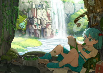 6+girls absurdres backpack bag blue_eyes blue_footwear blue_hair blue_overalls bucket bucket_of_water cucumber eating electric_fan food_in_mouth highres kappa_mob_(touhou) kawashiro_nitori luna_child lying machine medium_hair multiple_girls nature notepad on_back overall_skirt overalls paper plant river shirt socks star_sapphire sunny_milk touhou twintails vines water waterfall white_shirt white_socks wide_shot yazato_ichimushi