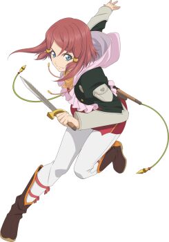 Rule 34 | 1girl, artist request, bandana, black jacket, blue eyes, boots, breasts, brown boots, closed mouth, dagger, dress, full body, game cg, hair ornament, highres, holding, holding dagger, holding knife, holding weapon, jacket, knife, looking at viewer, medium breasts, official art, pants, pink hood, red dress, red hair, rose (tales), sheath, short hair, smile, solo, standing, standing on one leg, tales of (series), tales of asteria, tales of zestiria, third-party source, transparent background, weapon, white pants, yellow bandana