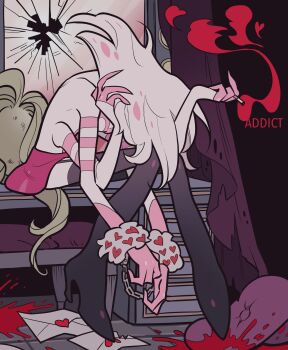 1boy absurdres angel_dust bad_id bad_twitter_id black_boots blood body_fur boots broken_mirror cigarette cuffs curtains dressing_room english_text envelope extra_arms full_body fuzzy_handcuffs hand_on_own_head handcuffs hazbin_hotel head_down heart hellaverse high_heel_boots high_heels highres holding holding_cigarette indoors knees_together_feet_apart letter looking_down male_focus marquee_lights meremero mirror monster_boy pillow pink_fur pink_skirt sitting sitting_on_table skirt smoke smoking solo stool table thigh_boots topless_male torn_curtains two-tone_fur unworn_wig vanity_table white_fur wig