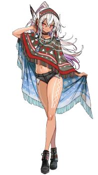 1girl absurdres adapted_costume ankle_boots azur_lane bare_legs black_boots black_choker black_shorts bodypaint boots brown_hairband brown_poncho choker closed_mouth commentary dark-skinned_female dark_skin ear_covers earrings english_commentary exposed_pocket feather_hair_ornament feathers full_body groin hair_between_eyes hair_ornament hairband hand_up highres jewelry long_hair long_sidelocks looking_at_viewer midriff minneapolis_(azur_lane) native_american_clothes navel pendant poncho poncho_hold ponytail red_eyes short_shorts shorts sidelocks simple_background sinemi smile solo sparkle standing tassel tassel-trimmed_poncho triangle_print two-sided_fabric white_background