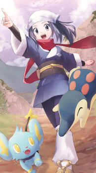 1girl :d akari_(pokemon) black_hair commentary_request cyndaquil day eyelashes floating_scarf gen_2_pokemon gen_4_pokemon grass grey_eyes grey_jacket happy headscarf highres index_finger_raised jacket long_hair loose_socks nintendo noren69025954 open_mouth outdoors pantyhose pokemon pokemon_(creature) pokemon_legends:_arceus red_scarf scarf shinx shirt shoes sidelocks skirt smile socks standing teeth tongue upper_teeth_only white_headscarf white_socks