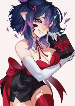 1girl absurdres black_skirt breasts cleavage closed_mouth commentary elbow_gloves english_commentary facial_hair gloves highres indie_virtual_youtuber large_breasts looking_at_viewer medium_hair pointy_ears purple_eyes purple_hair red_shirt red_thighhighs self-portrait shirt skirt smile solo sulia_(vtuber) suliavtuber thighhighs virtual_youtuber white_background white_gloves