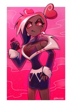 1girl black_dress black_gloves colored_sclera cowboy_shot dress earrings fingerless_gloves frown gloves grey_eyes hazbin_hotel heart heart_tattoo hellaverse highres jewelry long_hair long_sleeves looking_at_viewer peru31224 pink_background red_hair red_sclera skull_earrings standing tattoo twintails velvette_(hazbin_hotel)