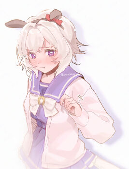1girl amakazu_33 animal_ears blush bow bowtie cardigan closed_mouth commentary_request curren_chan_(umamusume) ear_bow ear_covers grey_hair highres horse_ears horse_girl horse_tail horseshoe_ornament looking_at_viewer open_cardigan open_clothes purple_eyes purple_sailor_collar purple_shirt purple_skirt red_bow sailor_collar sailor_shirt shirt short_hair simple_background skirt solo tail umamusume white_background white_bow white_bowtie white_cardigan