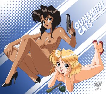 1990s_(style) 2023 2girls artist_name ass ben-day_dots black_footwear black_hair blonde_hair blue_eyes breasts cleft_of_venus copyright_name cz_75 danmakuman dark-skinned_female dark_skin dated explosive female_focus grenade gun gunsmith_cats handgun high_heels holding holding_gun holding_weapon lying m26_grenade minnie_may_hopkins multiple_girls nipples nude on_stomach open_mouth pussy rally_vincent red_footwear retro_artstyle screentones signature small_breasts stielhandgranate trigger_discipline uncensored weapon