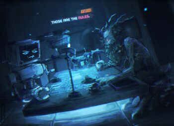 1boy bad_id bad_twitter_id balance_scale card card_game english_text floating gameplay_mechanics hammer holding holding_hammer inscryption leshy levitation monitor p03_(inscryption) robot sitting table treblesomerebel weighing_scale