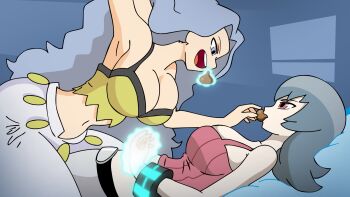 2girls bed chocolate female_focus floating girl_on_top highres karen_(pokemon) levitation long_hair multiple_girls nintendo pedroaraujo pokemon pokemon_hgss psychic red_eyes sabrina_(pokemon) shared_food yuri