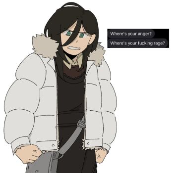 1girl apron arms_at_sides bag black_apron black_hair clenched_hands commentary english_commentary english_text fur-trimmed_jacket fur_trim green_eyes hair_between_eyes half-closed_eyes highres ira_grachevskaya jacket long_hair parted_lips school_uniform serious shoulder_bag solo soviet_school_uniform teeth white_background white_jacket yellow_pupils z.a.t.o._//_i_love_the_world_and_everything_in_it zhangsify