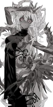 1girl groin highres looking_at_viewer monochrome no_bra no_panties now_drawing simple_background tagme tattoo white_background wings