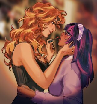 Rule 34 | 2girls, :d, aegyo sal, alternate skin color, applying another's makeup, applying makeup, bare arms, bare shoulders, black-framed eyewear, black camisole, black hair, black nails, blonde hair, blue eyes, blunt bangs, blunt ends, blurry, blurry background, breasts, brown background, camisole, cheek tattoo, cleavage, commentary, cutie mark, dark-skinned female, dark skin, double-parted bangs, earrings, english commentary, eye contact, eyelashes, from side, glasses, grin, hair between eyes, hairband, hand on another's cheek, hand on another's face, hand on another's waist, hands up, holding, jewelry, kouxhii, long hair, long sleeves, looking at another, looking down, looking up, multicolored hair, multiple girls, my little pony, my little pony: equestria girls, my little pony: friendship is magic, nail polish, open mouth, orange hair, outdoors, parted lips, pink hair, plaid hairband, profile, puffy long sleeves, puffy sleeves, purple eyes, purple hairband, purple sweater, realistic, sci-twi, silver earrings, simple background, small breasts, smile, sparkle, straight hair, streaked hair, sunset shimmer, sunset shimmer (human), sweater, tattoo, thick eyebrows, twilight sparkle, twitter username, two-tone hair, upper body, vignetting, wavy hair