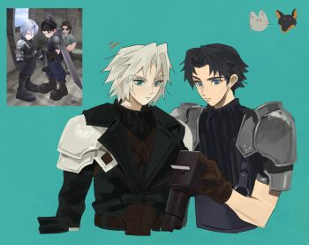 Rule 34 | 2boys, angeal hewley, aqua background, aqua eyes, armor, belt, black hair, black jacket, black sweater, blue eyes, brown belt, brown gloves, camera, cat, chest strap, commentary request, cropped torso, dog, final fantasy, final fantasy vii, final fantasy vii: ever crisis, game screenshot inset, gloves, grey hair, highres, holding, holding camera, jacket, male focus, multiple boys, pai jingguan, parted bangs, pauldrons, russ bachman, sephiroth, sephiroth (ever crisis), short hair, shoulder armor, suspenders, sweater, sword, sword on back, turtleneck, turtleneck sweater, weapon, weapon on back