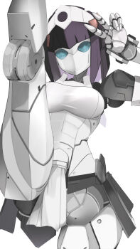 1girl android blue_eyes breasts colored_skin commentary_request high_kick highres joints kicking kneepits kotobukiya leg_up looking_at_viewer maid mecha_musume medium_breasts nanatsuki_sousuke no_mouth pelvic_curtain purple_hair robot robot_girl robot_joints short_hair split white_skin