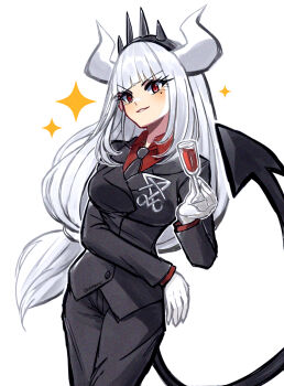 1girl artist_name black_hairband black_necktie black_pants black_suit collared_shirt commentary cup drinking_glass english_commentary eyelashes formal_clothes gloves hairband helltaker holding holding_cup horns inktober kamaniki long_hair lucifer_(helltaker) mole mole_under_eye necktie pants red_eyes red_shirt shirt simple_background smile solo sparkle spiked_hairband spikes standing suit twitter_username v-shaped_eyebrows very_long_hair white_background white_gloves white_hair