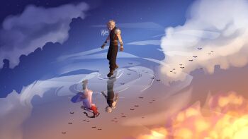 1boy 1girl absurdres aerith_gainsborough armor arms_behind_back artist_name bangle belt bird black_pants black_shirt blonde_hair boots bracelet braid braided_ponytail brown_boots brown_hair cloud cloud_strife cloudy_sky cropped_jacket different_reflection dress final_fantasy final_fantasy_vii final_fantasy_vii_remake full_body hair_ribbon highres jacket jewelry long_dress long_hair multiple_belts pants pauldrons pink_dress pink_ribbon red_jacket reflection ribbon shirt short_hair shoulder_armor single_braid single_pauldron sky spiked_hair suspenders yun_kurta