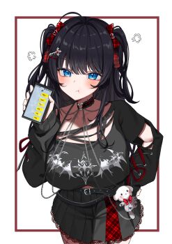 1girl :t absurdres ahoge belt belt_pouch black_belt black_choker black_hair blue_eyes blush breasts cellphone chain choker closed_mouth clothing_cutout collarbone commentary cross-laced_clothes fishnet_pantyhose fishnets haedungi_(shirayuki_hina) hair_intakes hair_ornament hand_on_own_hip hand_up heart heart_choker heart_hair_ornament highres holding holding_phone inset_border jinggun lace lace-trimmed_skirt lace_trim large_breasts long_hair long_sleeves looking_at_viewer miniskirt pantyhose phone pouch print_shirt shirayuki_hina shirt simple_background single-shoulder_shirt single_bare_shoulder skirt smartphone solo standing stellive symbol-only_commentary text_messaging thighs two_side_up unmoving_pattern very_long_hair virtual_youtuber white_background