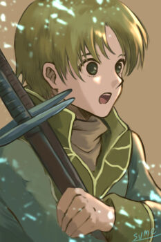 Rule 34 | 1boy, artist name, blonde hair, brown background, male focus, narron, open mouth, solo, sparkle, sumeragi (black rose), sword, tear ring saga, tear ring saga: yutona eiyuu senki, teeth, weapon