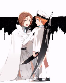 Rule 34 | 1boy, 1girl, adjusting clothes, aged down, alternate universe, bleach, bleach: sennen kessen-hen, brown eyes, brown hair, buttons, cloak, commentary request, dress, enpissi, high collar, highres, holding, holding weapon, kneeling, kurosaki ichigo, kurosaki masaki, lips, long sleeves, mother and son, open mouth, orange hair, pink lips, quincy (bleach), short hair, sword, sword on back, teeth, trench knife, true zangetsu (shikai), upper teeth only, weapon, weapon on back, white cloak, white dress