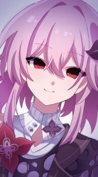 1girl absurdres buttons clothing_cutout collar commentary_request evernight_(honkai:_star_rail) flower hair_between_eyes hair_flower hair_ornament highres honkai:_star_rail honkai_(series) kurazuru layered_clothes light_smile looking_at_viewer march_7th_(honkai:_star_rail) pink_hair red_eyes red_flower sidelocks white_background