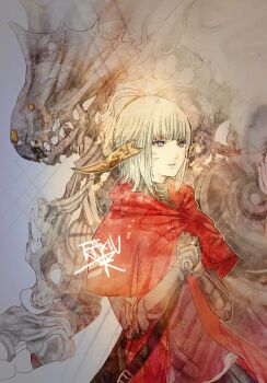 1girl allie_aan_baelsar au_ra bag black_bag blue_eyes brown_horns capelet commentary_request copyright_name diamond_weapon final_fantasy final_fantasy_xiv grey_hair handbag hands_on_own_chest hands_up horns own_hands_together red_capelet ruka_(blueplus84) scales short_hair