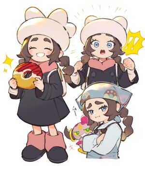 ! !! 1girl ansha_(pokemon) apron black_coat black_hair blue_apron blue_eyes blue_headscarf blush braid closed_eyes closed_mouth coat colored_sclera crossed_arms donut donut_hair_bun donut_print food food_print gen_6_pokemon green_eyes hair_bun hat headscarf highres holding holding_donut holding_food hoopa hoopa_(confined) horns inari1369 leg_warmers legendary_pokemon long_hair long_sleeves looking_at_viewer mythical_pokemon nintendo open_mouth pink_leg_warmers pink_scarf pokemon pokemon_(creature) pokemon_legends:_z-a pout scarf shirt smile sparkle speech_bubble spoken_exclamation_mark teeth white_bag white_hat white_shirt winter_clothes winter_coat yellow_sclera