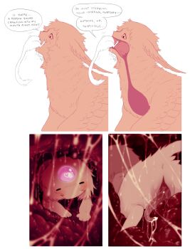 blush cloaca closed_eyes creature creature_focus cum english_text feathers forehead_jewel fraid gem highres human_head inside_stomach jejejunum nethermare orange_fur original penis penis_tentacle pink_gem saliva secret_(jejejunum) simple_background speech_bubble swallowing talking tentacles traditional_harpy vore white_background white_fur white_tail