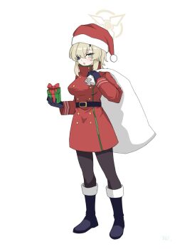 1girl belt black_boots black_gloves black_pantyhose blonde_hair blue_archive boots box breasts christmas coat commentary_request eyepatch full_body fur-trimmed_boots fur_trim gift gift_box gloves green_eyes halo hat highres holding holding_gift holding_sack looking_at_viewer medium_hair one_eye_covered open_mouth pantyhose red_coat sack sack_behind_back santa_costume santa_hat simple_background solo sui1116061 suou_(blue_archive) white_background yellow_halo