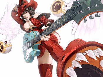 1girl angel_wings black_hair boots breasts cleavage commentary english_commentary fingernails grey_eyes guilty_gear guitar hat highres holding holding_guitar holding_instrument i-no instrument mole off_shoulder pale_skin red_hat red_lips sharp_fingernails short_hair smile solo straight_hair thigh_boots wings winnie6890 witch_hat