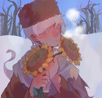 1boy axis_powers_hetalia baobing bare_tree blue_sky brown_hat brown_jacket chinese_commentary colored_eyelashes commentary_request finger_to_mouth flower fur_hat hat holding holding_flower jacket long_sleeves male_focus outdoors papakha patchwork_clothes purple_eyes russia_(hetalia) scarf short_hair shushing sky solo sunflower tree upper_body white_hair white_scarf winter