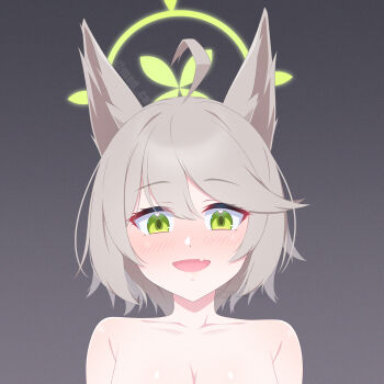1girl :d ahoge animal_ears blue_archive blush breasts brown_hair cleavage collarbone commentary english_commentary eyelashes eyes_visible_through_hair fang film_grain fox_ears fox_girl green_eyes green_halo grey_background hair_between_eyes halo heart heart_in_eye highres madoka_(user_zrnk8278) open_mouth otogi_(blue_archive) portrait short_hair simple_background skin_fang smile solo swept_bangs symbol_in_eye tsurime twitter_username watermark