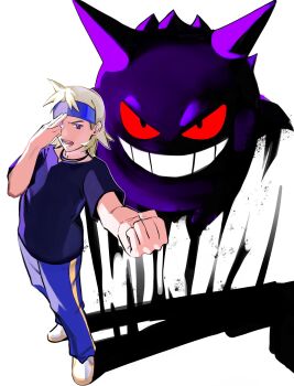 1boy :o absurdres blonde_hair blue_headband blue_pants clenched_hand full_body gen_1_pokemon gengar headband highres i1lli_1i2l looking_at_viewer male_focus morty_(pokemon) nintendo open_mouth pants pokemon pokemon_(creature) pokemon_gsc purple_shirt shirt short_hair short_sleeves teeth