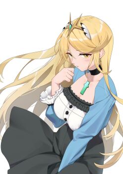 1girl black_choker black_skirt blonde_hair blue_jacket breasts chest_jewel choker commentary cowboy_shot earrings hehe_jun highres jacket jewelry large_breasts mythra_(xenoblade) shirt simple_background skirt solo tiara white_background white_shirt xenoblade_chronicles_(series) xenoblade_chronicles_2 yellow_eyes