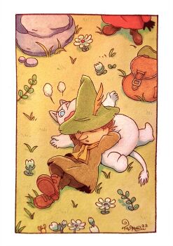 annoyed blue_eyes body_fur brown_bag brown_hair closed_eyes crossed_legs flower green_hat hat hat_feather highres little_my lying moomin moomintroll on_back on_grass painting_(medium) pointy_hat pointy_nose puff_of_air rock scarf short_hair sleeping sleeping_on_person snufkin tall_hat taragraphika traditional_media u_u watercolor_(medium) white_flower white_fur yellow_scarf