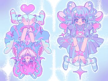 2girls animated animated_gif apangbai_(anarrator) bare_shoulders bead_necklace beads belt belt_buckle belt_collar blue_background blue_boots blue_bow blue_dress blue_nails blue_pantyhose blush boots bow bracelet bright_pupils buckle cable chinese_commentary circle_skirt closed_mouth clothing_cutout collar commentary_request dress expressionless eyelashes facial_tattoo floating_clothes footwear_bow full_body grey_dress grey_eyes grey_hair hair_bow hair_ornament hairclip hands_on_own_knees happy heart heart_print heart_tattoo highres jewelry lightning_bolt_symbol looking_at_another looking_at_viewer looping_animation medium_dress medium_hair multiple_bracelets multiple_girls nail_polish necklace original outline pantyhose pink_belt pink_hair pink_vest pixel_art pleated_dress puffy_short_sleeves puffy_sleeves purple_nails short_sleeves shoulder_cutout sleeve_bow smile sparkle sparkle_hair_ornament split_theme striped_clothes striped_footwear tattoo thigh_boots transformation twintails two-sided_footwear upside-down vest white_bow white_outline white_pupils