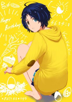 1girl barefoot blue_eyes blue_hair brown_eyes child egg_print english_text feet hair_ornament hairclip happy_birthday heterochromia highres holding holding_pencil hood hood_down hoodie looking_at_viewer looking_back mechanical_pencil ooto_ai pencil selen_(selen_mcg) short_hair shorts solo wonder_egg_priority