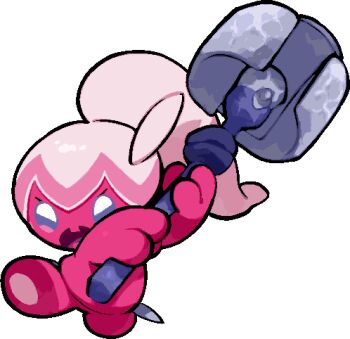 commentary_request eyelashes full_body hammer holding holding_hammer kawaanago lowres nintendo open_mouth pokemon pokemon_(creature) pokemon_focus ponytail solo standing standing_on_one_leg tinkatuff transparent_background