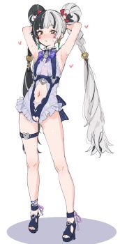 1girl alternate_costume armpits arms_behind_head bare_shoulders black_hair bow bowtie braid braided_twintails breasts clothing_cutout commentary_request cosplay dialyn_(zenless_zone_zero) double_bun earrings footwear_ribbon frilled_one-piece_swimsuit frills full_body hair_bun hair_extensions heart heart_cutout jewelry kousakuin_(firstsatyam) long_hair looking_at_viewer multicolored_hair navel one-piece_swimsuit open-toe_shoes open_mouth purple_bow purple_bowtie purple_shoes pussy pussy_cutout ring_hair_extensions shoes small_breasts solo split-color_hair stomach_cutout sweat swimsuit thigh_strap two-tone_one-piece_swimsuit vivian_banshee vivian_banshee_(iris_of_the_shore) vivian_banshee_(iris_of_the_shore)_(cosplay) white_hair white_one-piece_swimsuit zenless_zone_zero