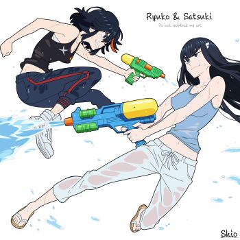 black_hair bra bra_peek capri_pants covered_erect_nipples flip-flops grin highres kill_la_kill kiryuuin_satsuki matoi_ryuuko midriff navel pants sandals see-through_clothes see-through_pants shio_(zsp1jqohfr12495) shoes siblings sisters smile sneakers tank_top thick_eyebrows underwear water_gun wet wet_clothes
