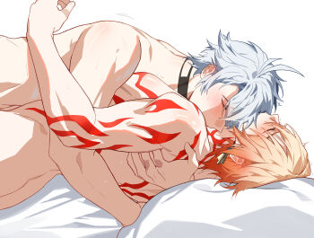 2boys antenna_hair arm_tattoo back_tattoo black_choker blonde_hair blush braid chest_tattoo choker closed_eyes commentary gradient_hair highres honkai:_star_rail honkai_(series) hug implied_sex jujeop lying male_focus medium_hair multicolored_hair multiple_boys mydei_(honkai:_star_rail) on_back parted_bangs phainon_(honkai:_star_rail) red_hair red_tattoo short_hair side_braid tattoo topless_male white_hair yaoi