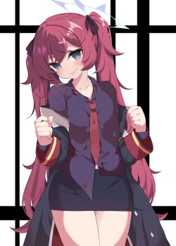 1girl :p absurdres alternate_hairstyle black_bow black_coat black_shirt black_skirt blue_archive blue_halo blush bow breasts clenched_hands closed_mouth coat coat_partially_removed collarbone collared_shirt commentary_request cowboy_shot crossed_bangs eyebrows_hidden_by_hair grey_eyes hair_between_eyes hair_bow halo hands_up head_tilt highres iroha_(blue_archive) kakeyu_ba long_hair long_sleeves looking_at_viewer necktie no_headwear open_clothes open_coat pencil_skirt red_hair red_necktie shirt sidelocks simple_background skirt slit_pupils small_breasts smile solo tongue tongue_out twintails very_long_hair white_background wide_sleeves