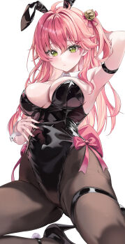 1girl absurdres ahoge animal_ear_hairband animal_ears arm_strap arm_up bell black_leotard black_pantyhose black_shoes breasts cleavage commentary cover cover_page detached_collar double-parted_bangs fake_animal_ears green_eyes hair_bell hair_ornament hairband high_heels highleg highleg_leotard highres hololive jingle_bell kneeling large_breasts leotard long_hair looking_at_viewer mi_ke0224 one_side_up pantyhose pink_hair playboy_bunny rabbit_ear_hairband rabbit_ears sakura_miko shoes solo strapless strapless_leotard symbol-only_commentary thigh_strap virtual_youtuber wrist_cuffs x_hair_ornament