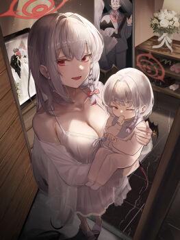 1boy 2girls absurdres aged_up blue_archive bow braid breasts carrying carrying_person cleavage collared_shirt commentary_request doodle_sensei_(blue_archive) family flower formal_clothes full-length_mirror grey_hair grey_jacket grey_pants grey_suit hair_bow halo haruna_(blue_archive) highres if_they_mated indoors jacket large_breasts long_hair looking_at_viewer mirror mother_and_child mother_and_daughter multiple_girls nightgown one_eye_closed open_door open_mouth pants paper_on_head parent_and_child picture_frame pov red_eyes red_halo reflection revision rose sandals sensei_(blue_archive) shirt shoes single_braid single_wing sion_(im10042m) slides smile suit suit_jacket tail thumb_sucking toddler unworn_shoes vase waving wedding_photo white_flower white_nightgown white_rose white_shirt wings