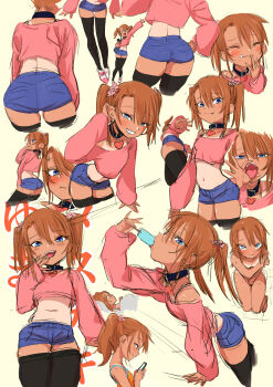 1girl :t adjusting_hair ass black_thighhighs blue_eyes blush brown_hair cellphone choker covering_privates crop_top eating ebisujima_misato fang fellatio_gesture female_focus flower food food_on_face from_behind grin hair_flower hair_ornament heart_pendant highres jewelry kneeling leaning_forward loli long_sleeves looking_at_phone looking_at_viewer lying navel nude oral_invitation original pendant phone popsicle profile sexually_suggestive short_shorts shorts sideways_glance sleeves_past_wrists smartphone smile standing tan tanline teeth thighhighs tongue tongue_out twintails waving yuma_(ebisujima_misato)