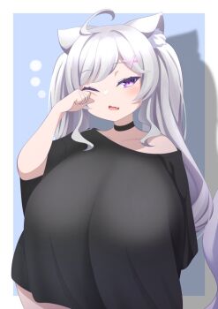 1girl ahoge animal_ear_fluff animal_ears black_choker black_shirt blue_background breasts cat_ears cat_girl cat_tail choker fang hair_ornament hairclip huge_breasts indie_virtual_youtuber long_hair magure_senshi naked_shirt nekono_shirone one_eye_closed open_mouth oversized_clothes oversized_shirt purple_eyes rubbing_eyes shadow shirt skin_fang sleepy solo standing t-shirt tail twintails virtual_youtuber white_hair